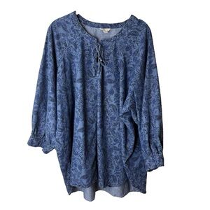 CATO Blouse Plus Size 18W 20W Top 3/4 Sleeves Tie Neck Blue Paisley Floral